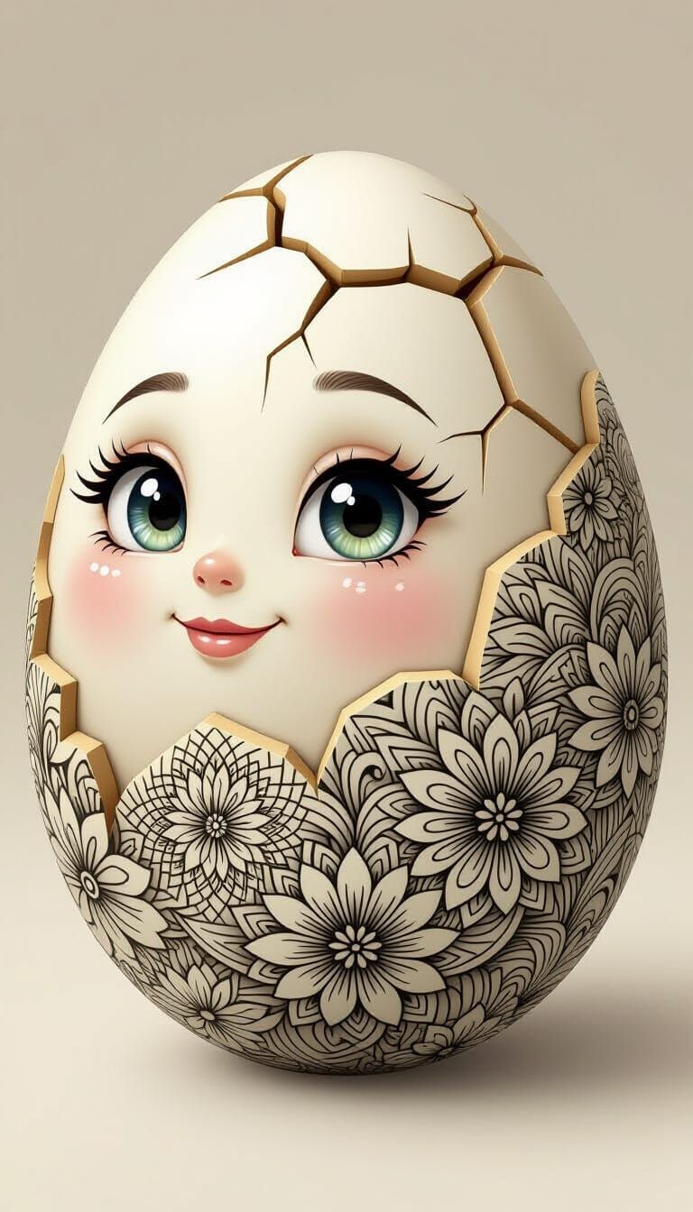 Anthropomorphic Egg Character with Zentangle Tattoos