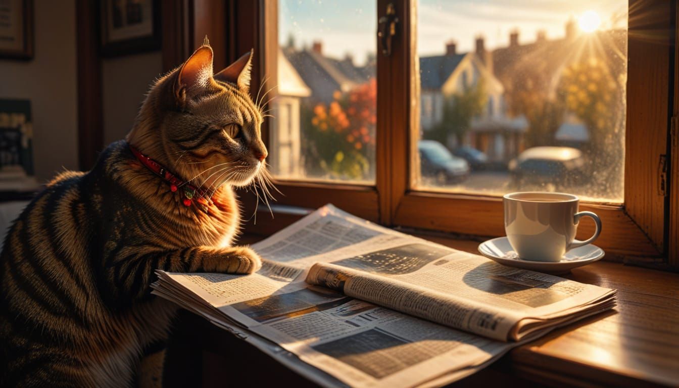 Hyperrealistic Cat Reading Newspaper in Alcohol Ink Style