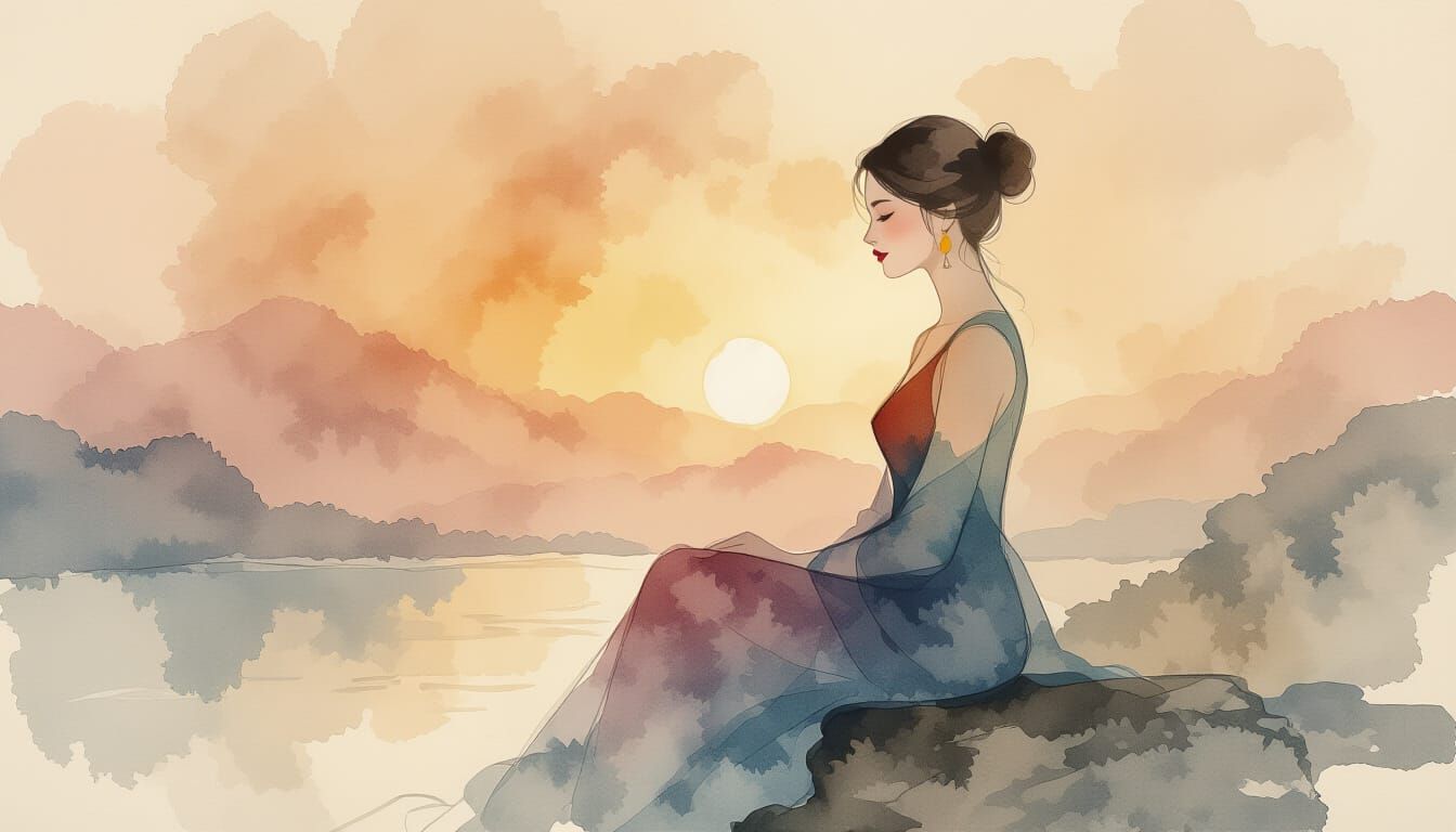 Elegant Woman Ink Painting with Watercolor Washes