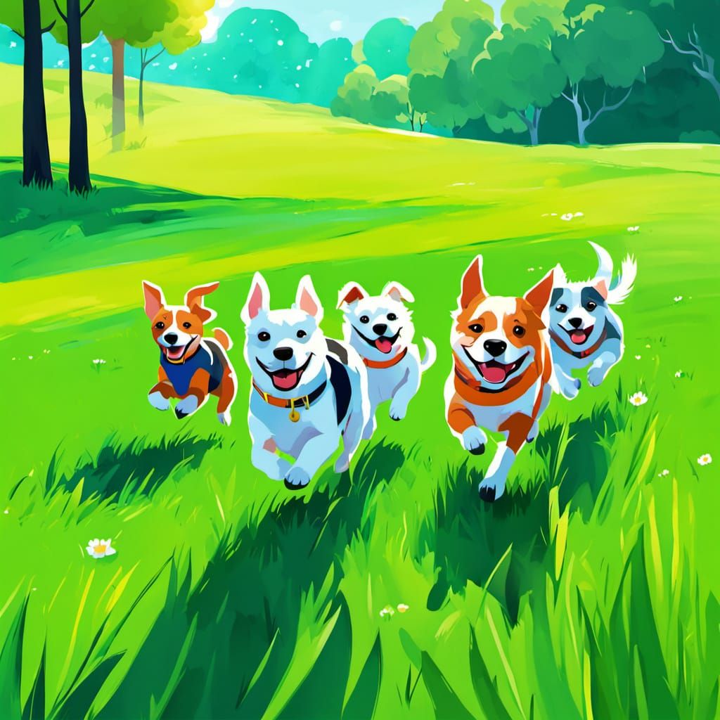 Vibrant Canine Friends Play in a Sunny Park