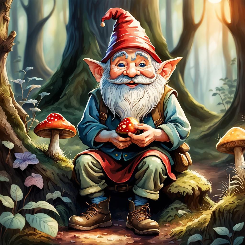 Happy Gnome in Mystical Forest, Watercolor Art