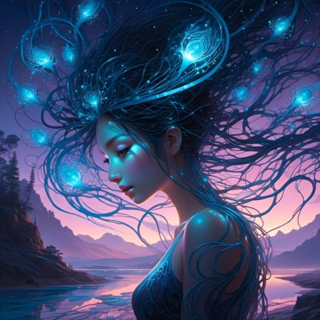 Bioluminescent Alien in Ethereal Twilight Garden