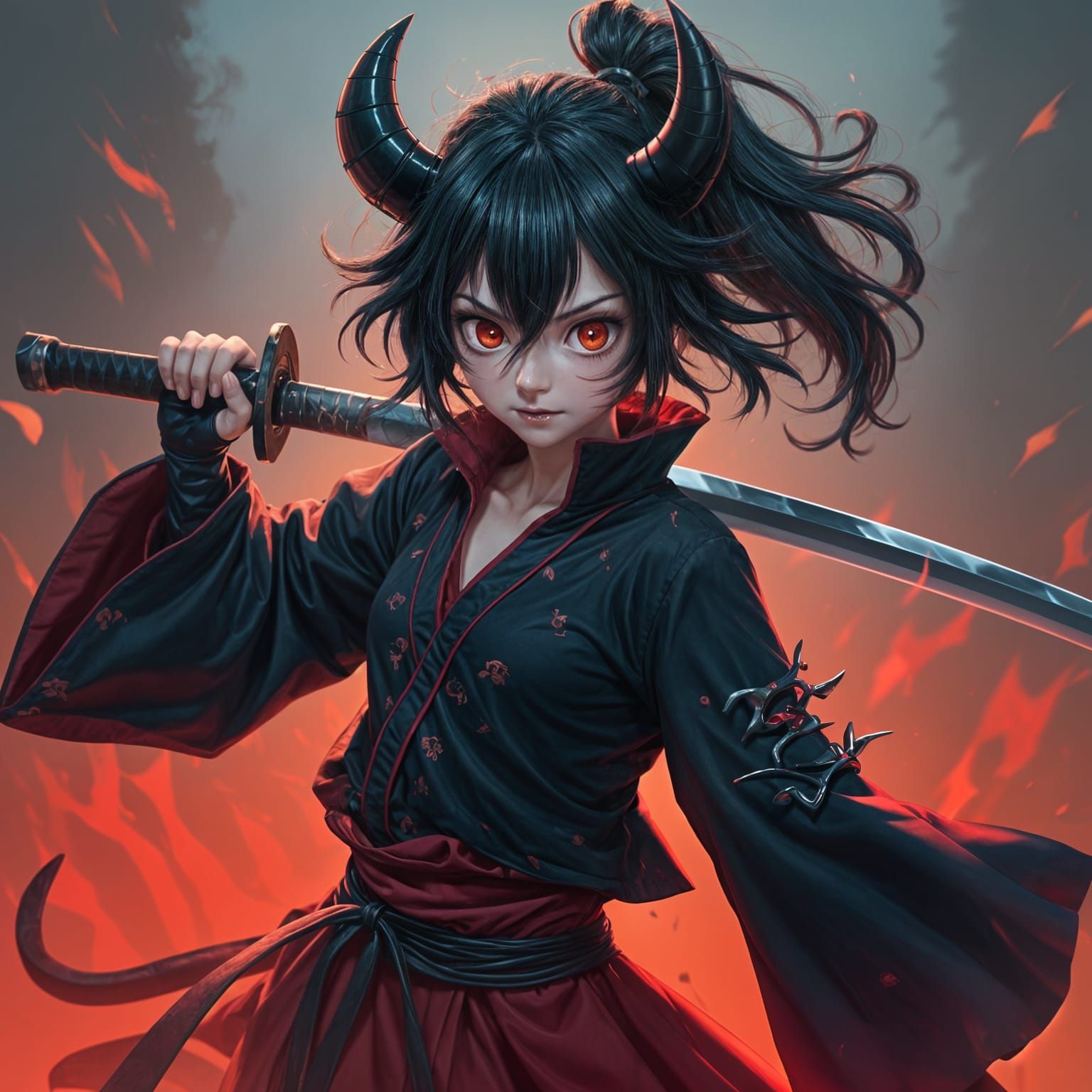 Anime Demon Girl Ready for Battle: Cel-Shaded Manga Art