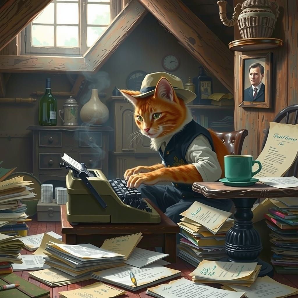 Anthropomorphic Ginger Cat Writer in a Cozy Attic Study