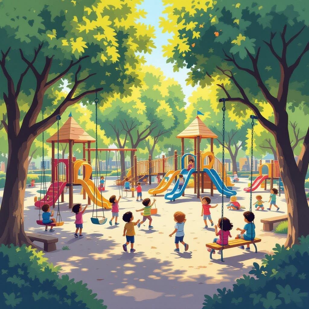 Expansive Playground Scene in Cheerful Illustrative Style