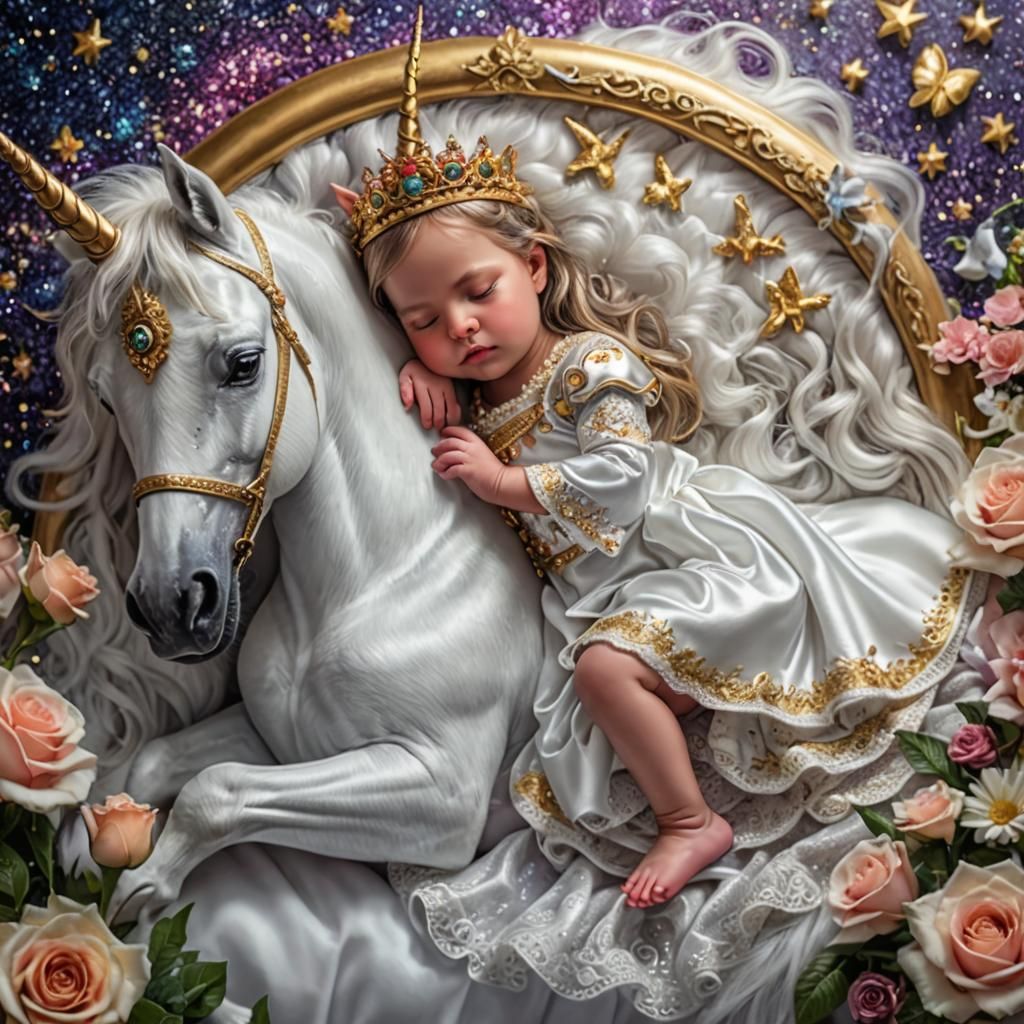Baby Princess and Unicorn in Hyperrealistic Style