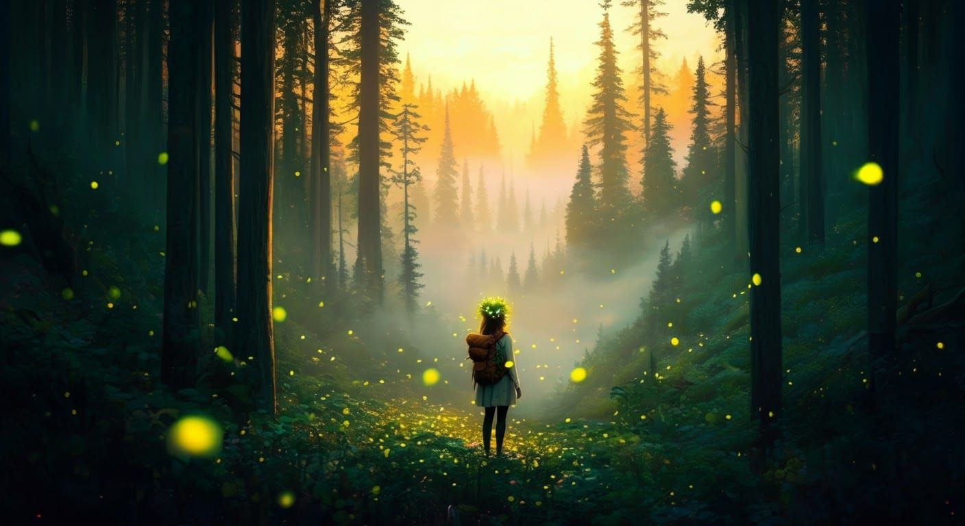 Mystical Forest Wanderer in Golden Hour Light