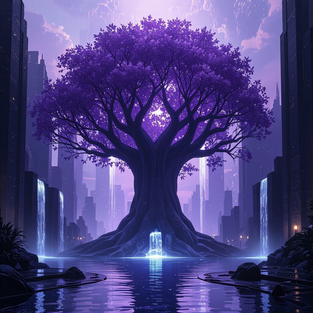 Amethyst Tree in Obsidian City: Digital Matte Painting