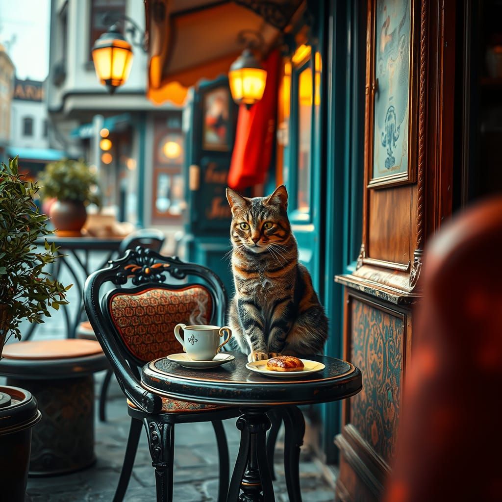 Tabby Cat at Istanbul Cafe in Hyperrealistic Style