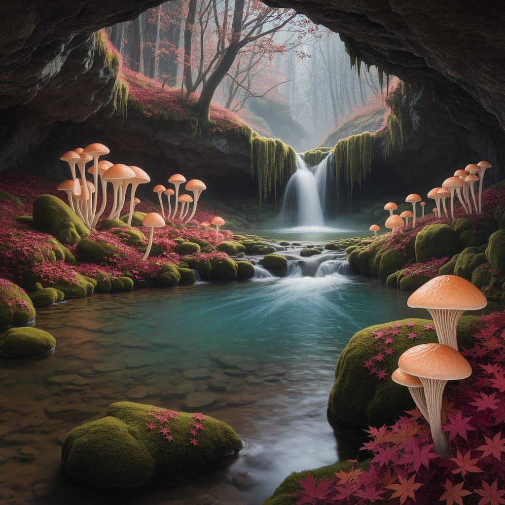 Enchanted Grotto Waterfall with Luminous Fungi