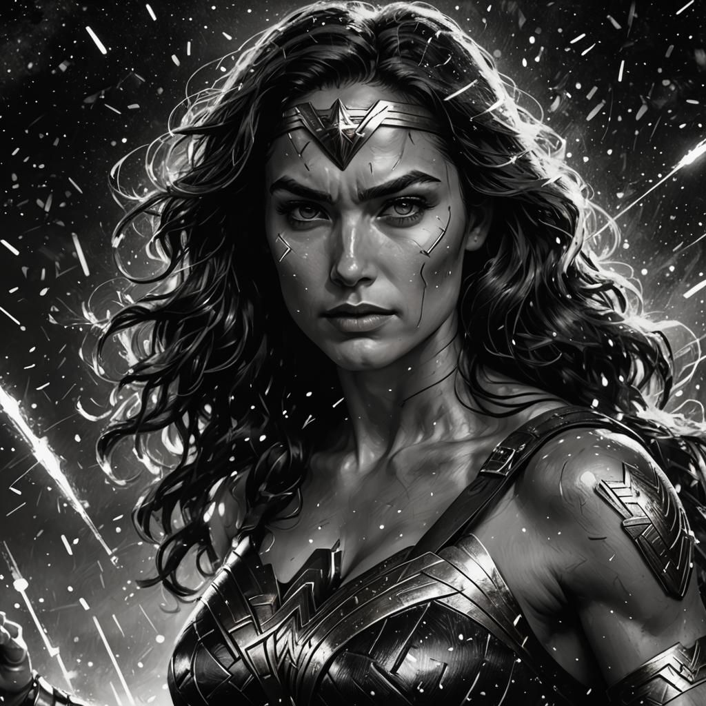 Glowing Wonder Woman Portrait in Black and White