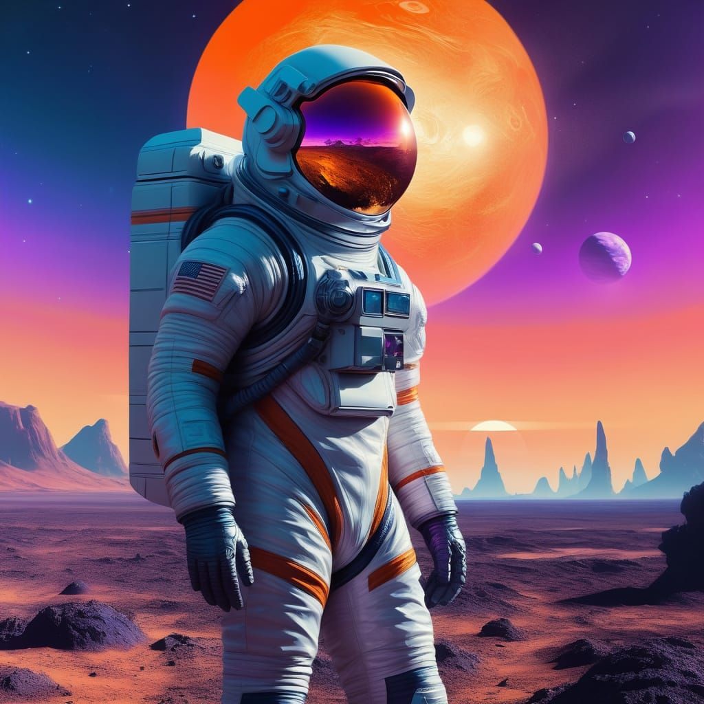 Futuristic Astronaut in Vibrant Alien Landscape, Oil Paintin...