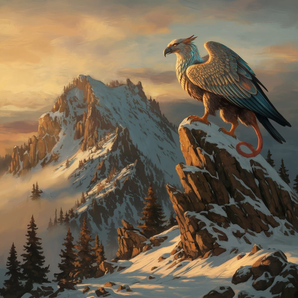 Majestic Griffin Dominates Snow-Capped Mountain Peak in Clas...