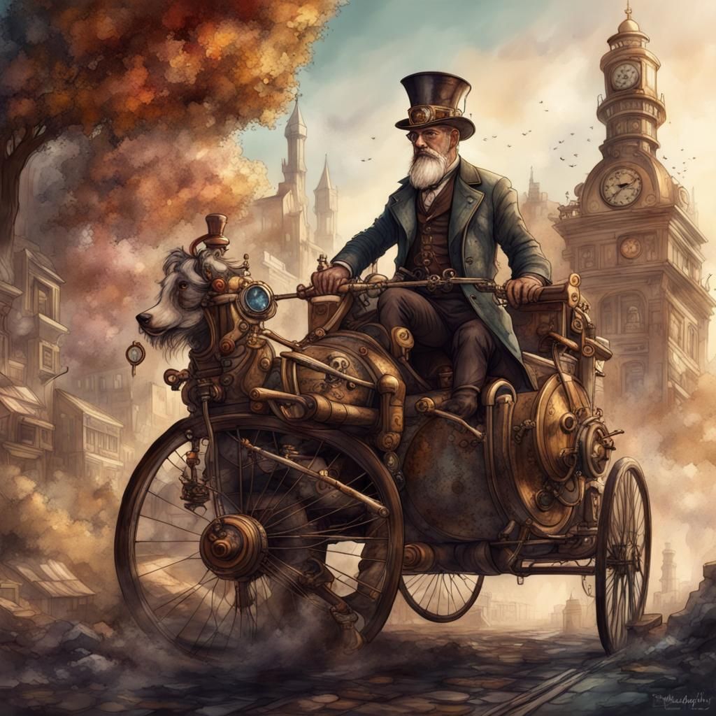 Steampunk Man Driving an Old Car in Watercolor