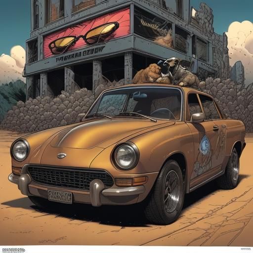 Dog Car with Sunglasses: Comic Book Art