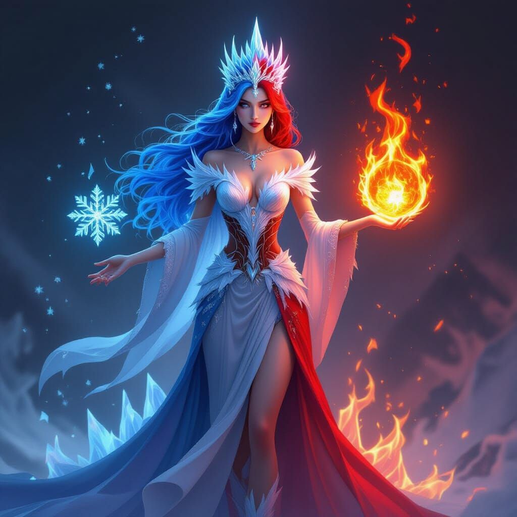 Goddess of Ice and Fire in Fantasy Art Style