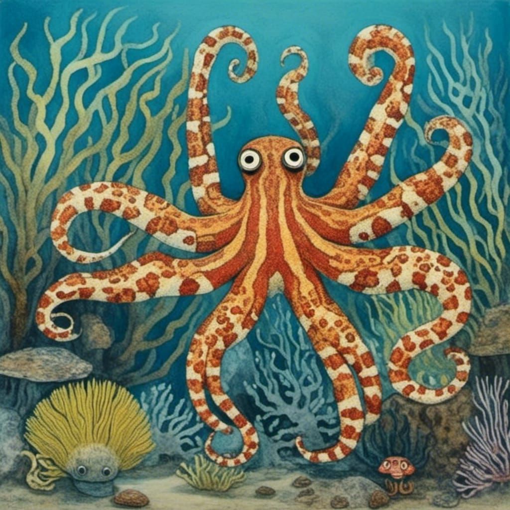 Octopus in Coral Reef in Dubuffet Style