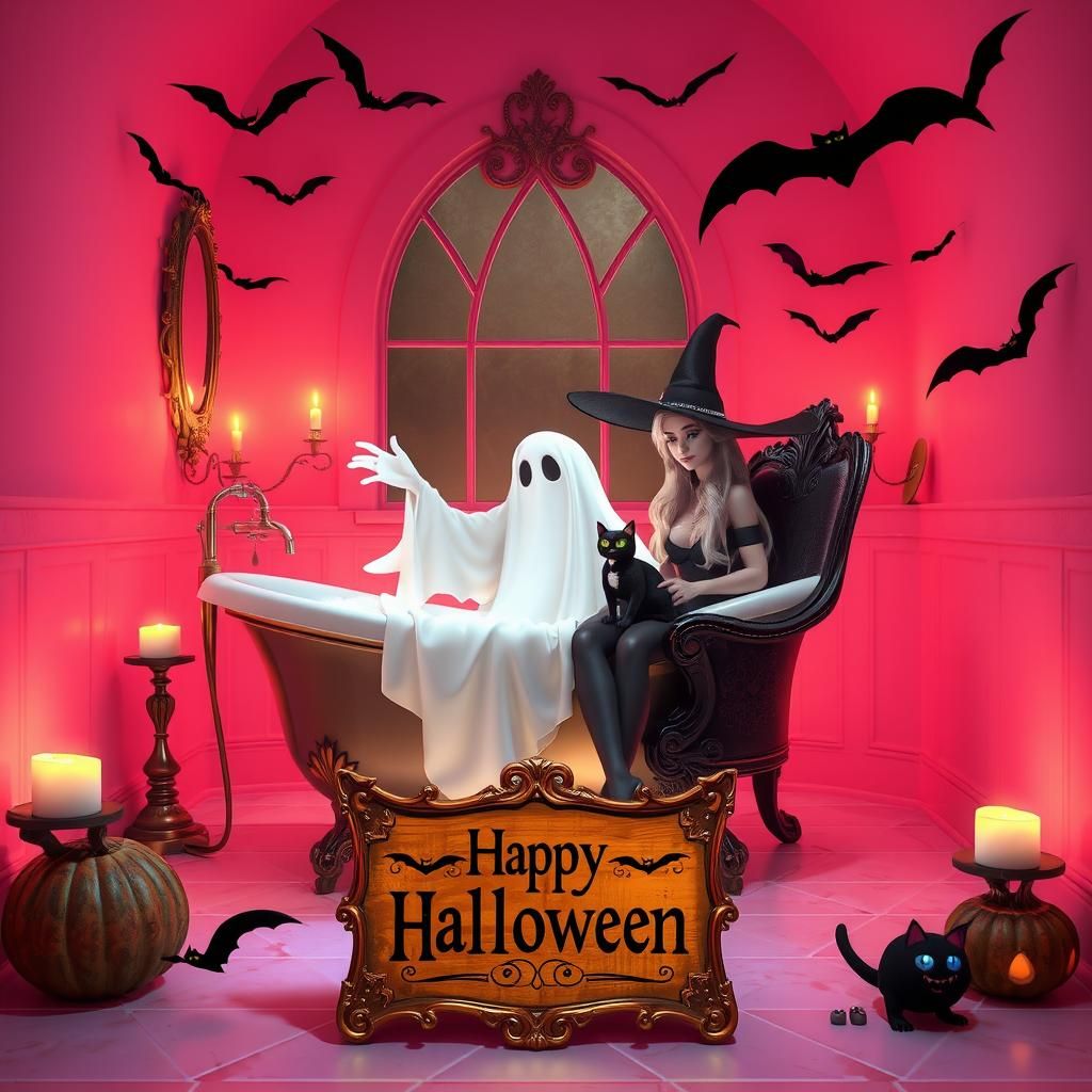 Ghostly Bubble Bath in Gothic Halloween Scene