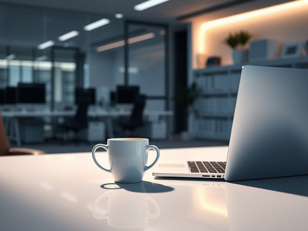 Hyperrealistic Coffee Cup and Laptop in Modern Office