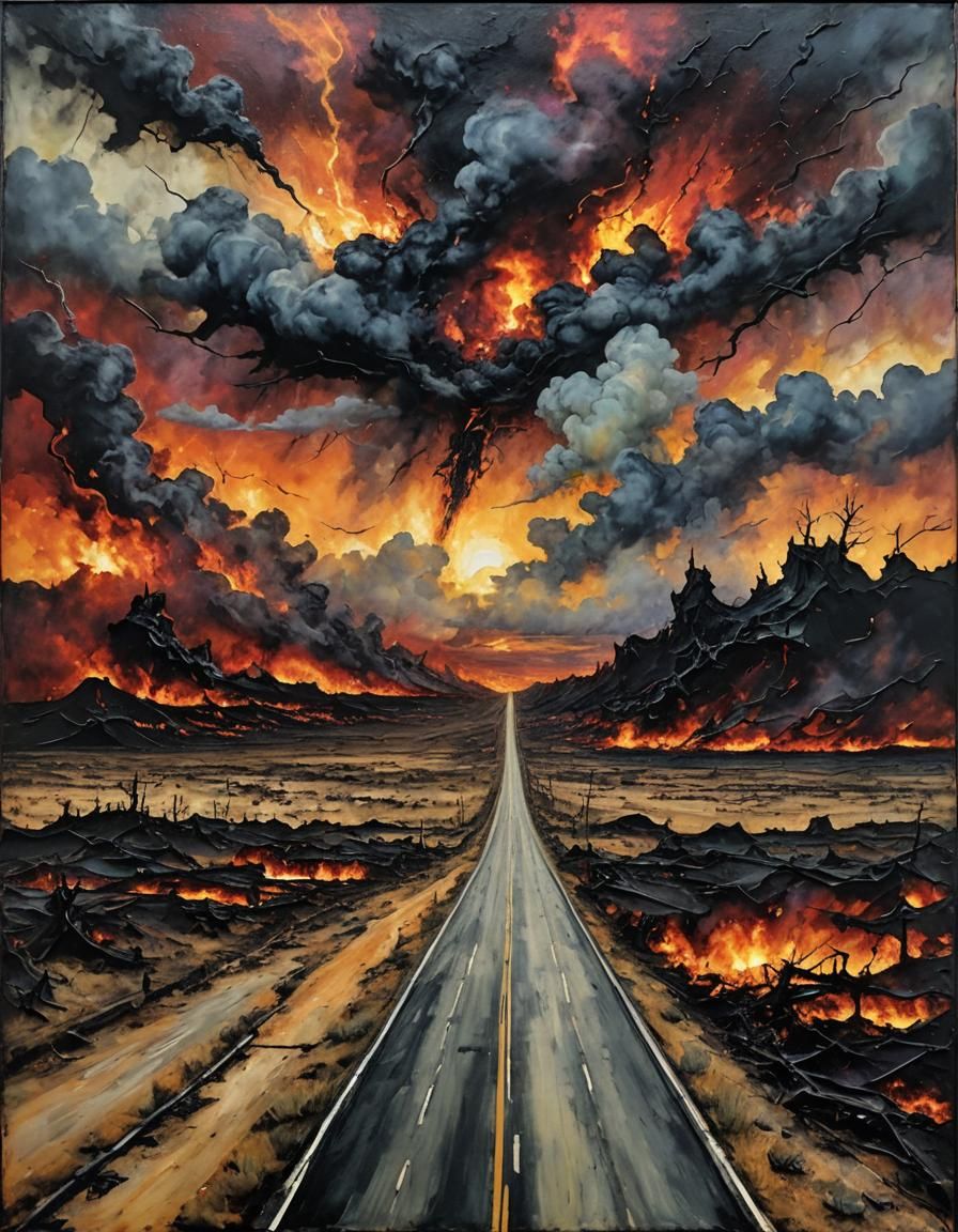 Dystopian Encaustic Painting of a Burning Sky