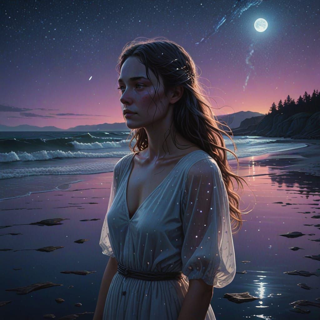 Girl Blends with Ocean in Dreamlike Starry Night Scene