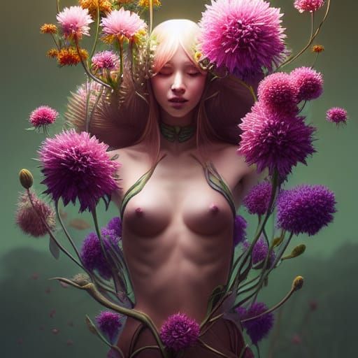 Botanical Warrior with Flowers in Cel-Shaded Style