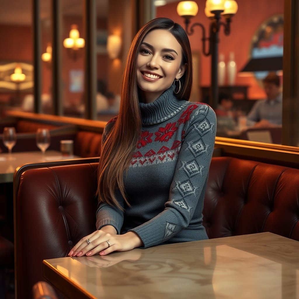 Woman in Elegant Fair Isle Sweater, Sitting in a Cozy Restau...