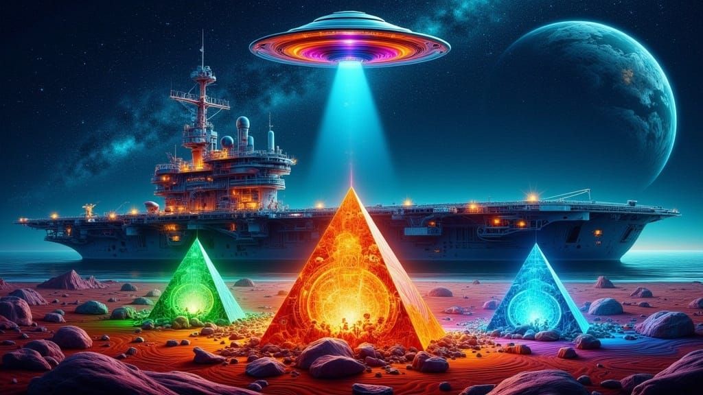 Mystical Desert Aircraft Carrier with Glowing Pyramids