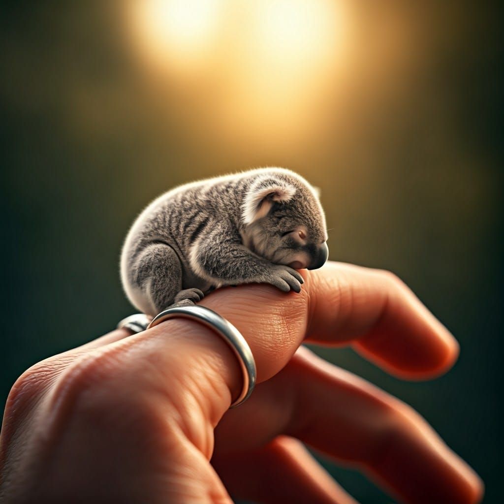 Sleeping Baby Koala on Finger: Macro Close-Up
