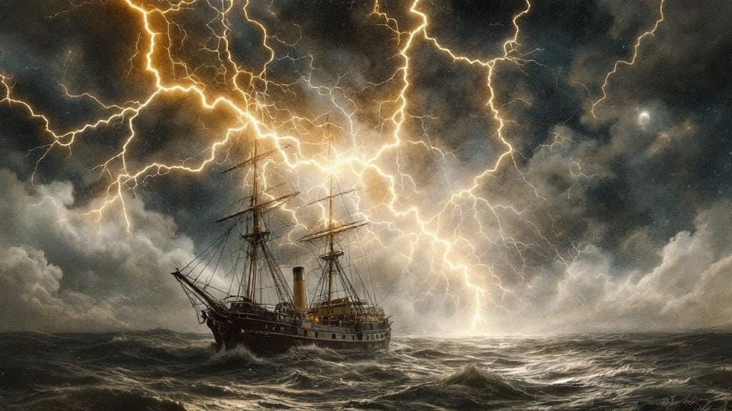 Ship at Sea with Electromagnetic Phenomena, Scrimshaw Style