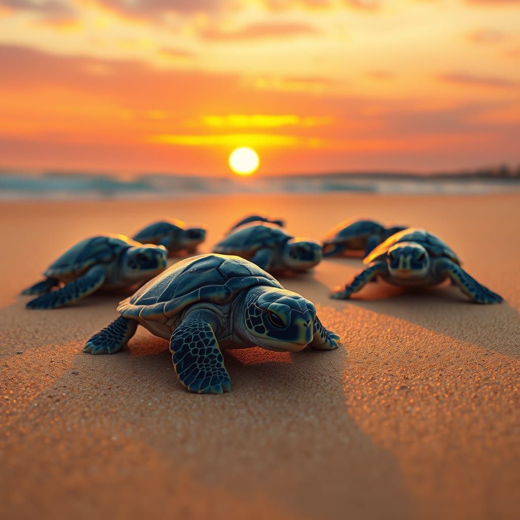 Baby Sea Turtles Crawling on Beach at Sunset