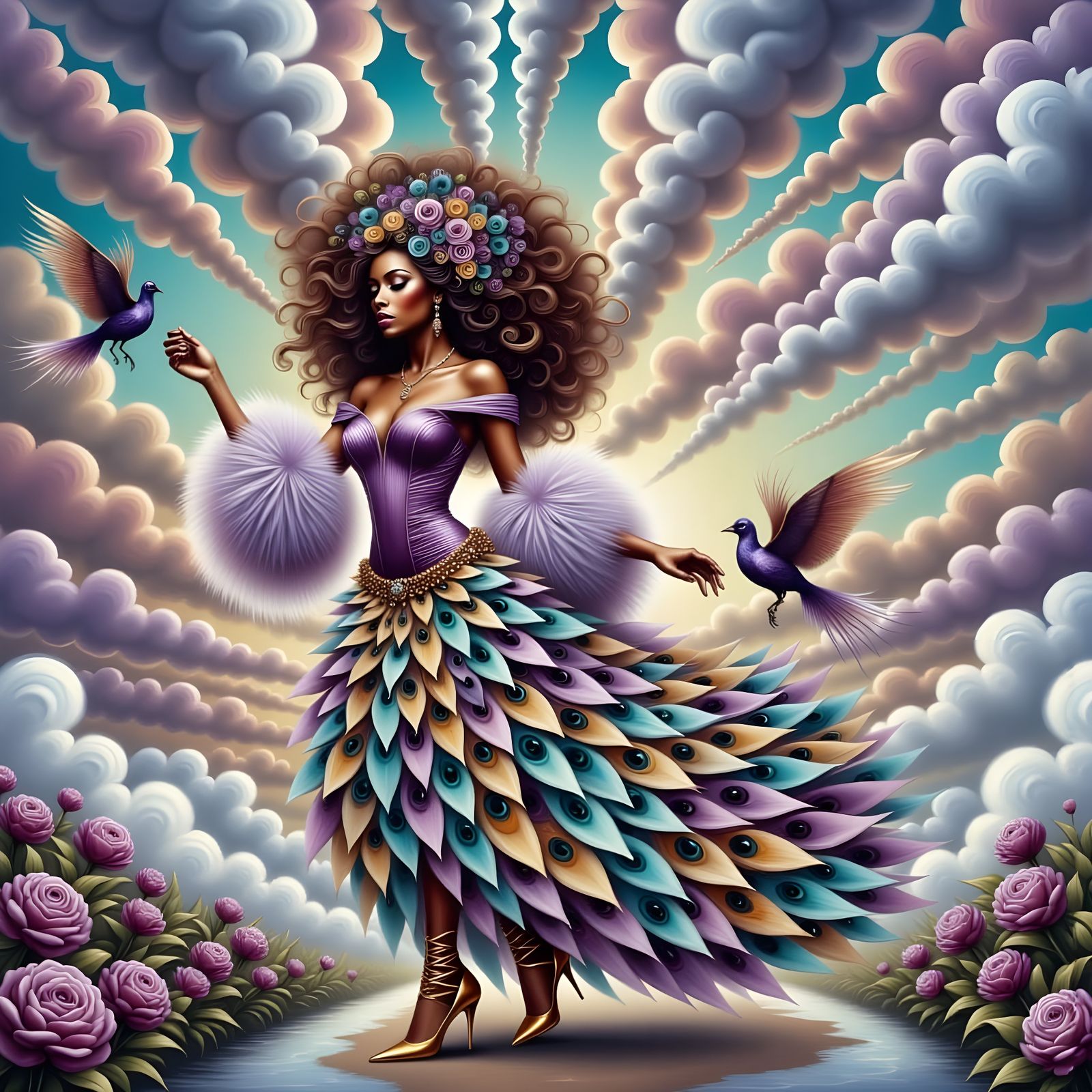 Regal Black Woman in Cloud Dress on Cloud Path