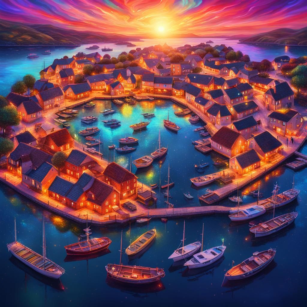 Sunset Harbor Aerial View in Cosmic Style