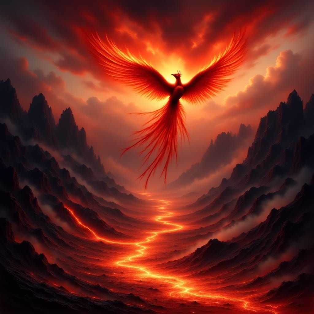 Fiery Phoenix Rising from Volcano in Watercolor Style