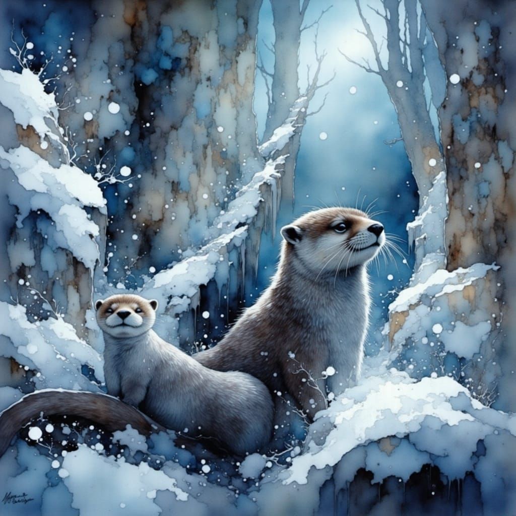 Charming Otters in Sparkling Winter Wonderland