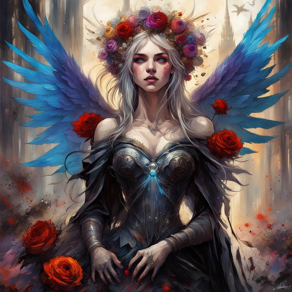 Gothic Fairy Queen with Angel Wings, Impressionist Gouache