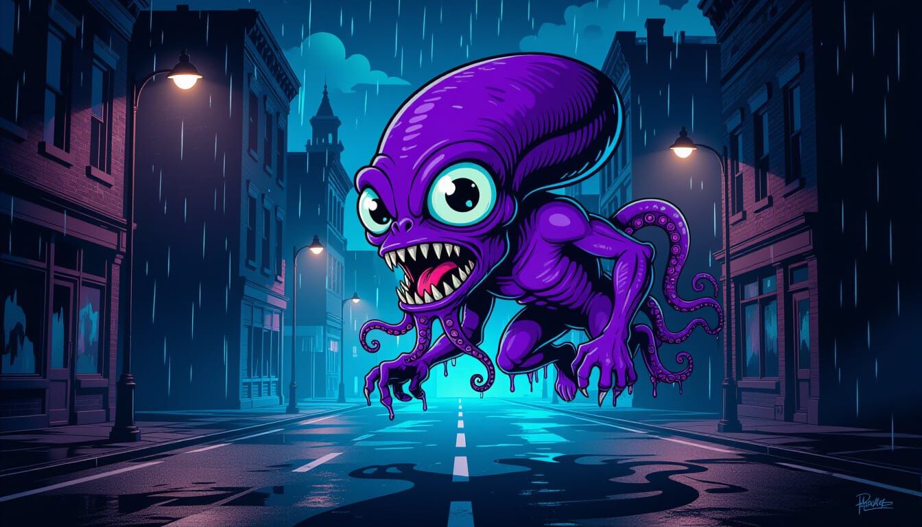 One-Eyed Purple Alien Hunts City Streets in Alcohol Ink Styl...