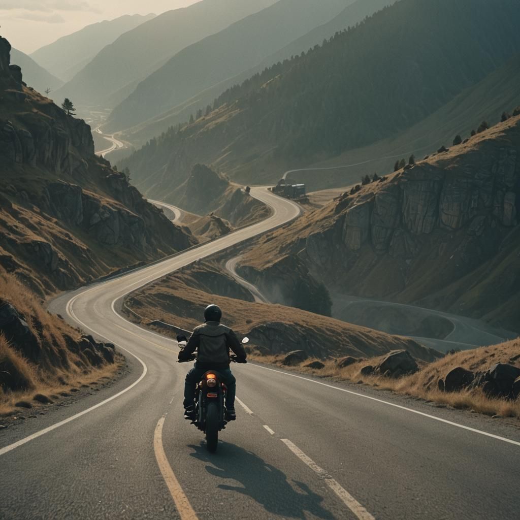 Motorcycle Rider on Mountain Road in Cinematic Style