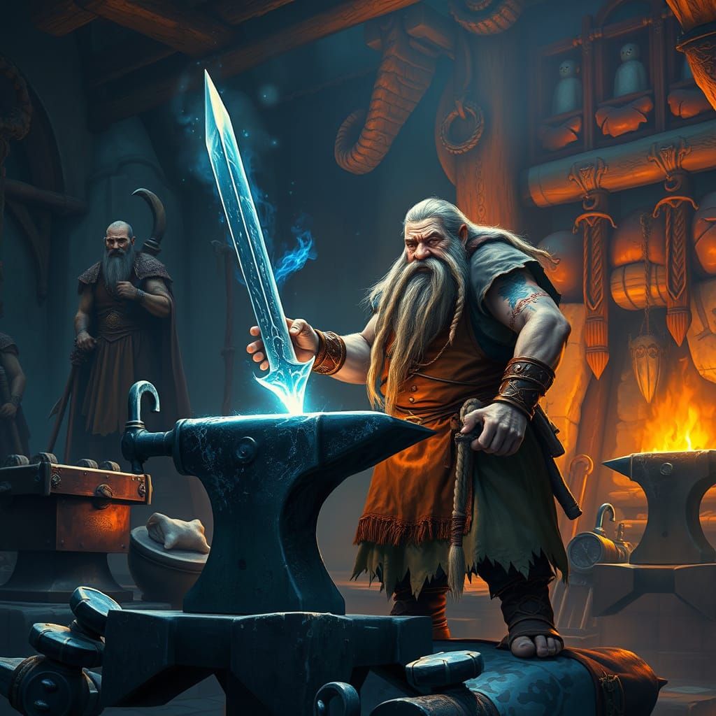 Dwarf Forging Energy Blade in Mountain Forge