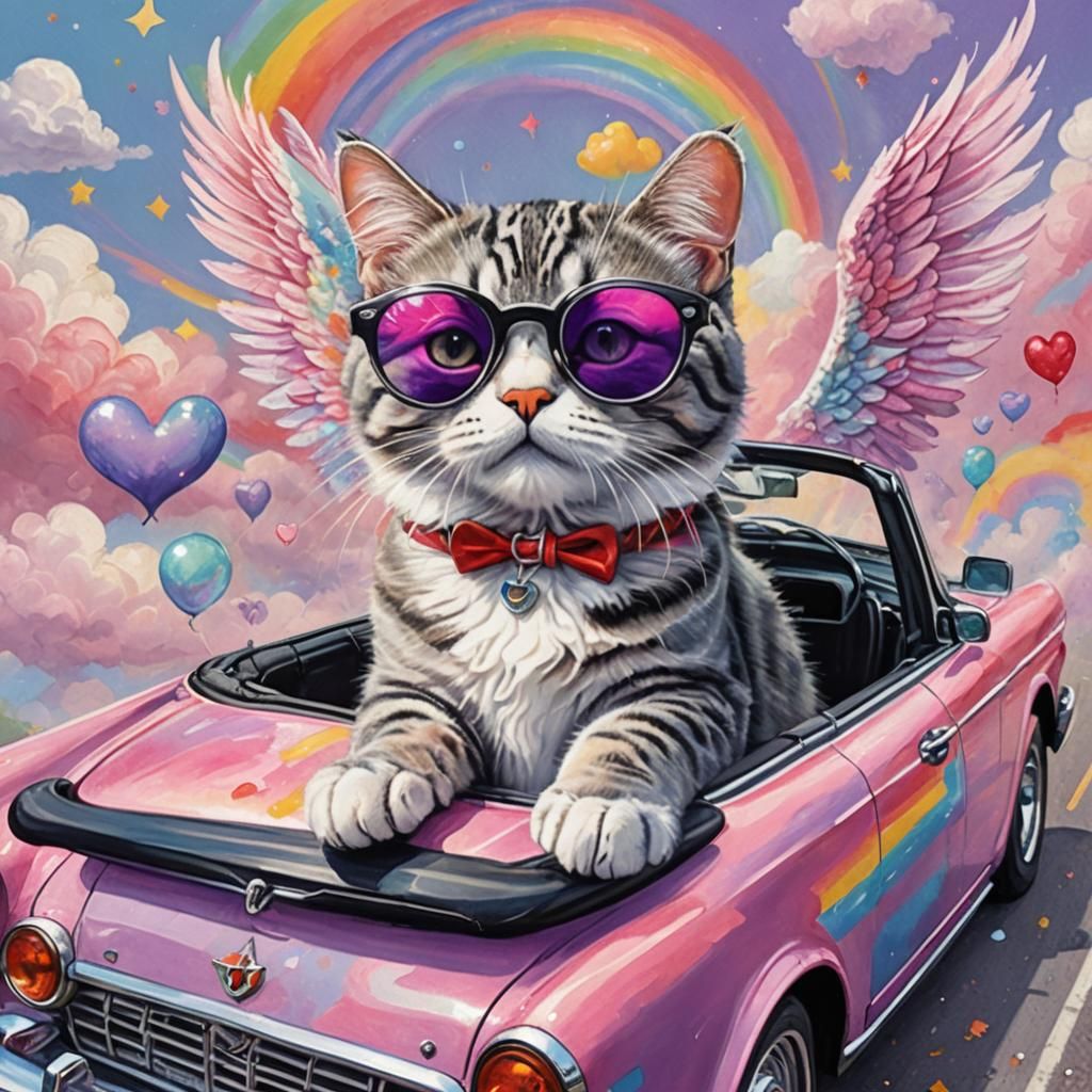 Tabby Cat Angel Drives Rainbow Road: Impressionist Style