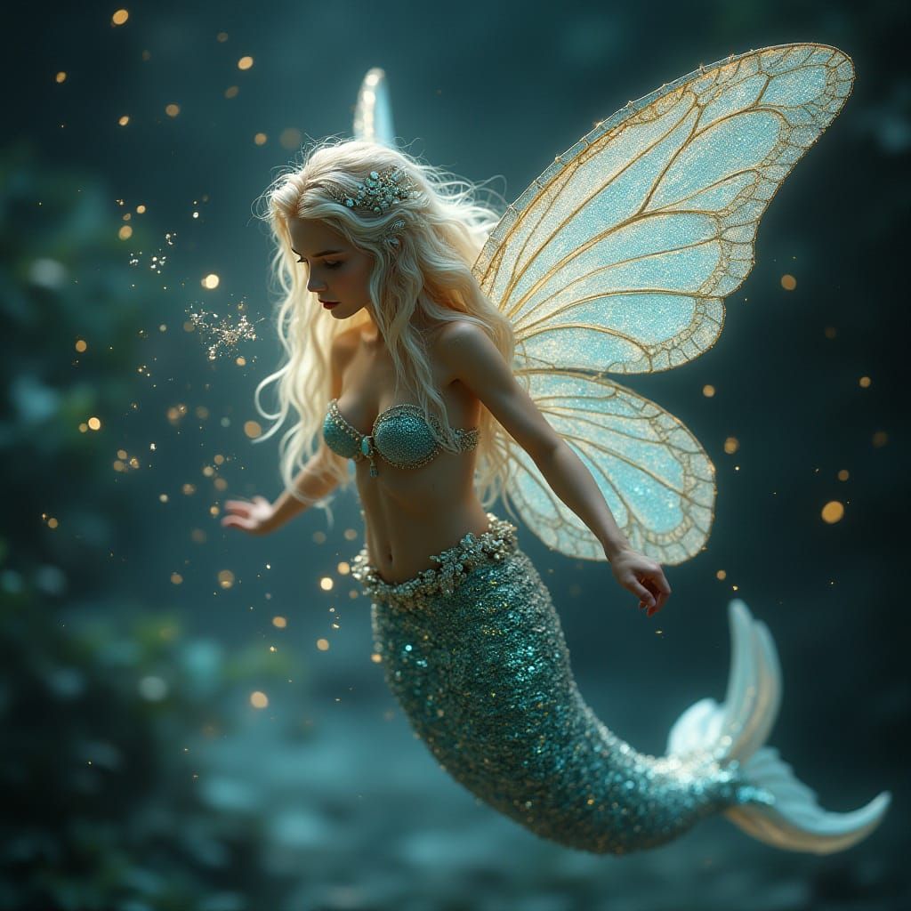 Iridescent Mermaid Fairy Adorned with Jewels and Stardust