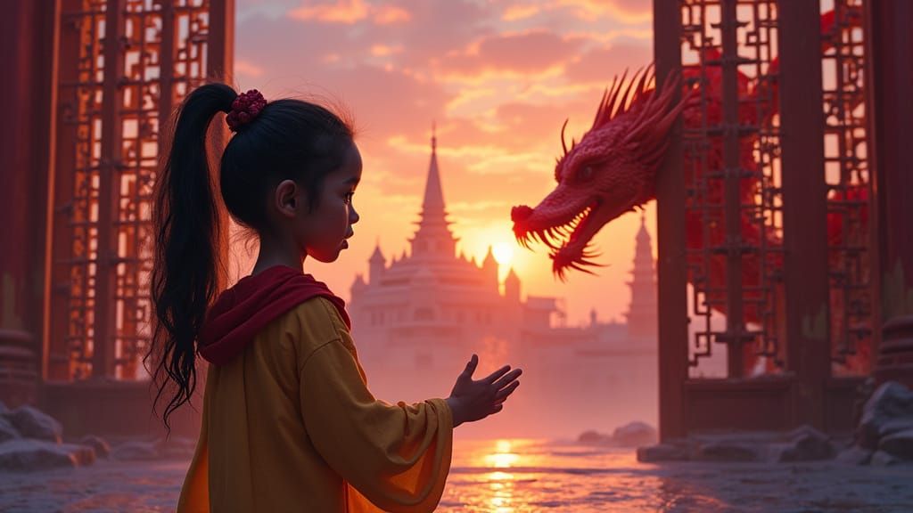 Girl and Chinese Dragon in Cyberpunk Sunset