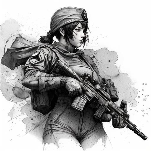 Detailed Female Soldier Splash Art in Pencil Sketch Style