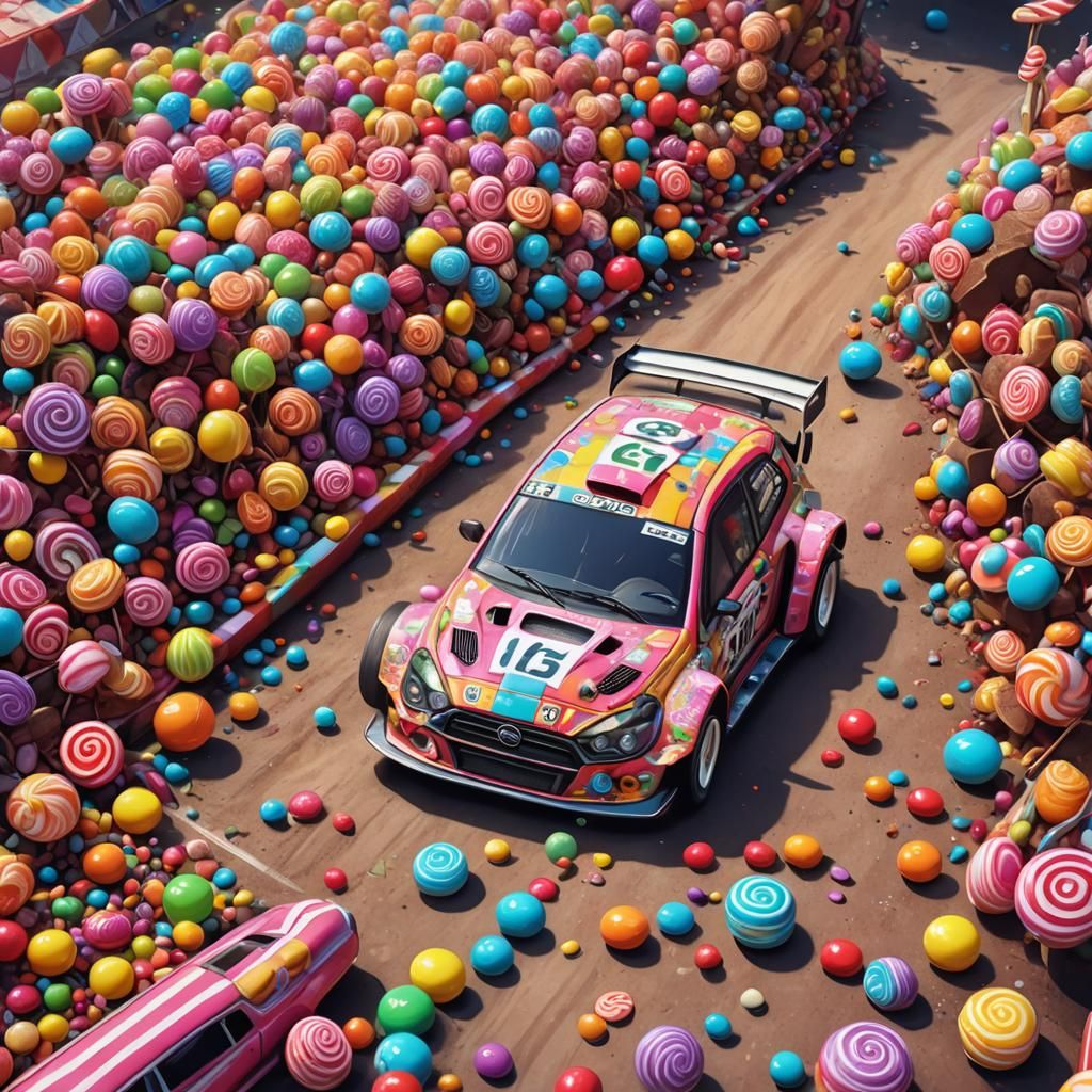 Rally Car in Whimsical Candyland Art Style