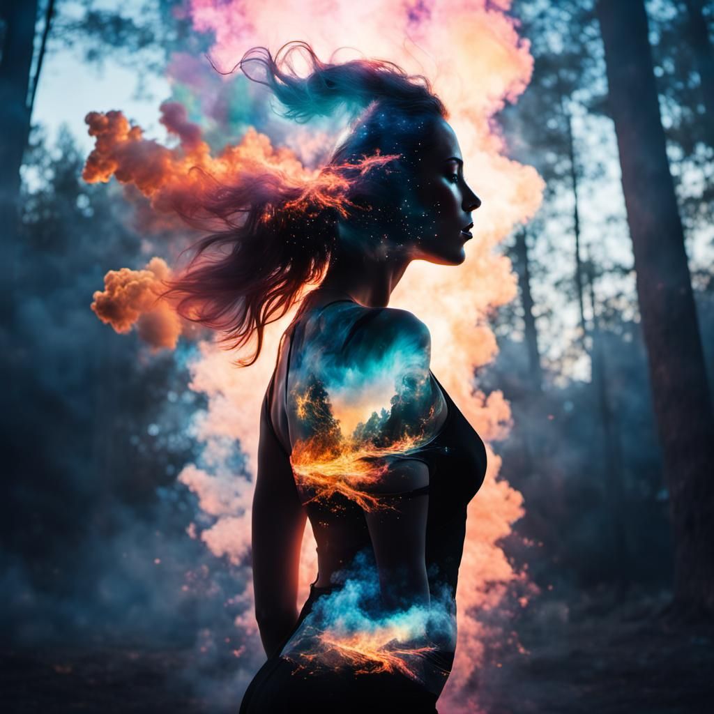 Dreamy Double Exposure: Fire, Heaven, and Girl in Pastel