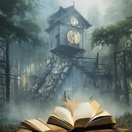 Man Reading in Book Forest With Clock