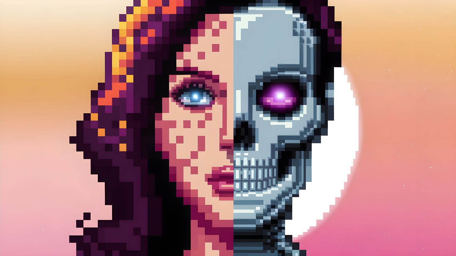 Pixelated Beauty Unveils Cybernetic Skull in 8-Bit Style