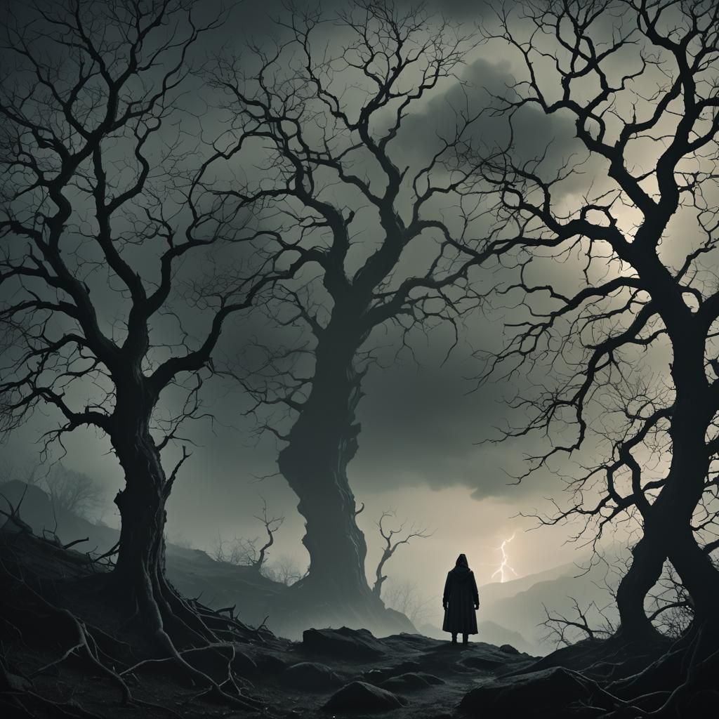 Dark Fantasy Landscape with Hooded Figure