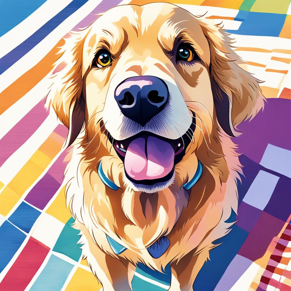 Cute Golden Retriever on Beach in Anime Style