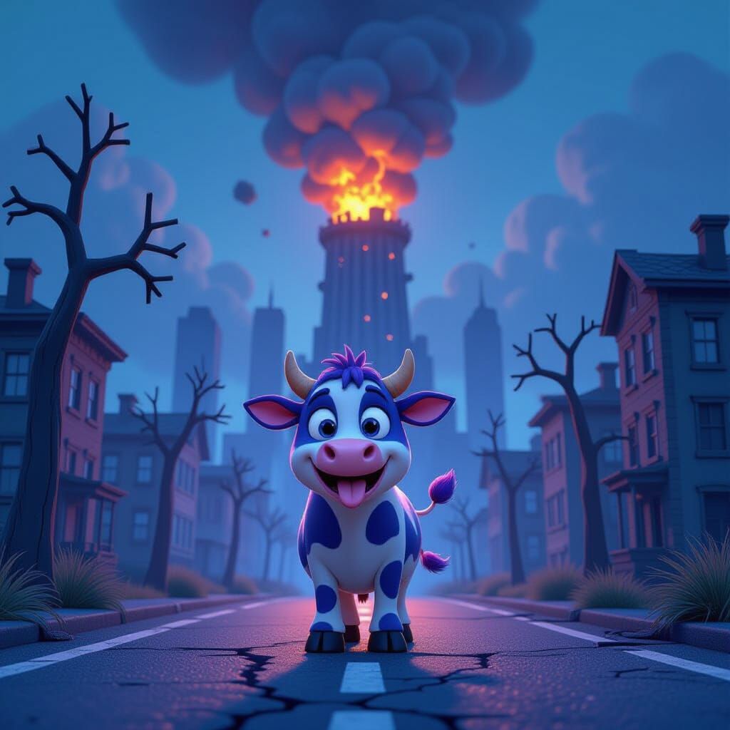 Cheerful Cow in Crumbling Cityscape